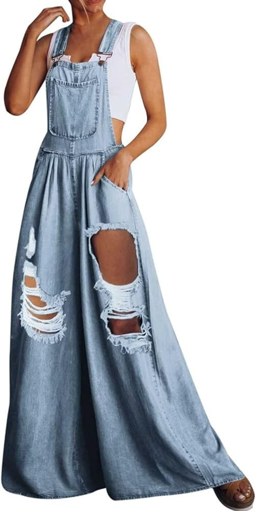 chouyatou Women's Loose Adjustable Strap Wide Leg Denim Bib Overall Jeans Pants | Amazon (US)