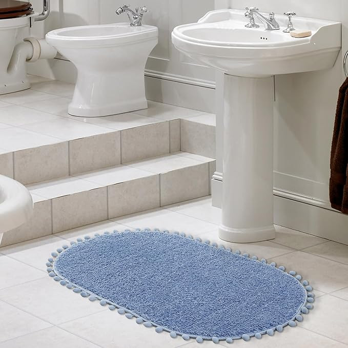 YIRDDEO Blue Pom Bath Rug for Bathroom Non Slip, Cute Boho Pom Oval Absorbent Shower Mat, Plush S... | Amazon (US)