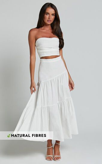 Schiffer Two Piece Set - Strapless Top and Tiered Midi Skirt in White | Showpo (US, UK & Europe)