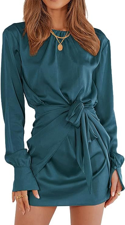 Amazon.com: PRETTYGARDEN Women's Satin Dress Long Sleeve Crewneck Elastic Tie Waist Elegant Cockt... | Amazon (US)