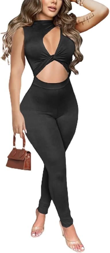 Uni Clau Women Sexy Hollow Out Jumpsuit Cut Out Ruched Crop Top Long Sleeve Pants Set Jumpsuits C... | Amazon (US)