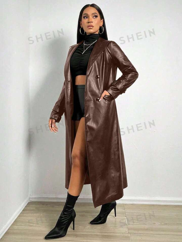 SHEIN Slayr Women's Brown Faux Leather Windbreaker Coat For Fall And Winter | SHEIN