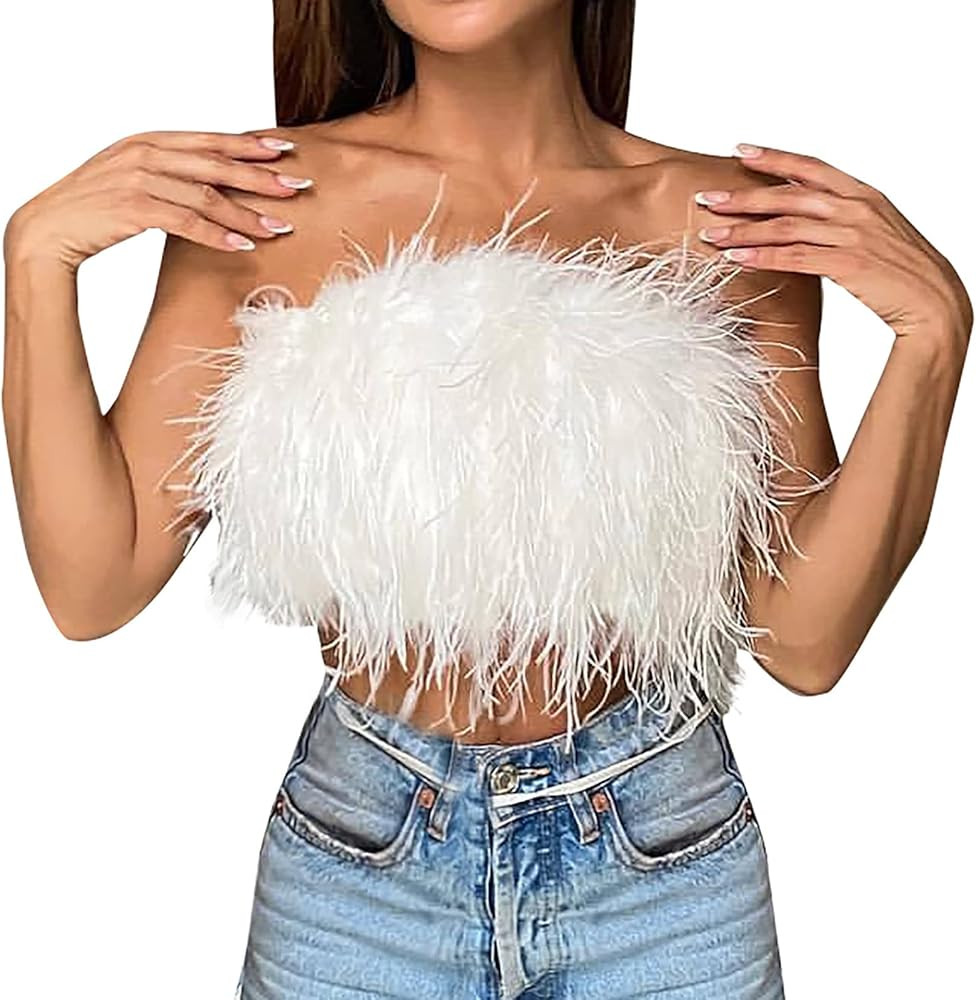 Women's Sexy Feather Crop Tops Furry Faux Fur Strapless Tube Top Summer Bandeau Sleeveless Blouse... | Amazon (US)