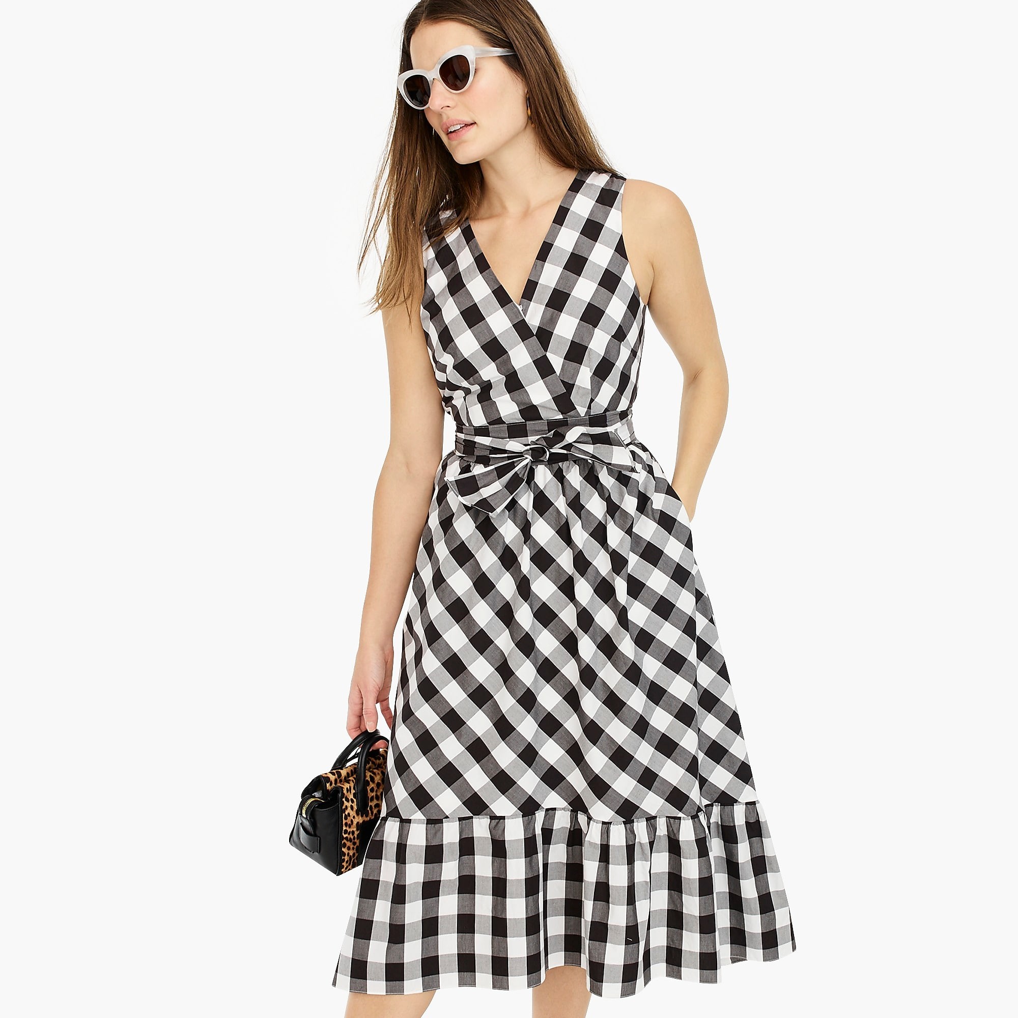 Sleeveless faux-wrap dress in gingham cotton poplin | J. Crew US