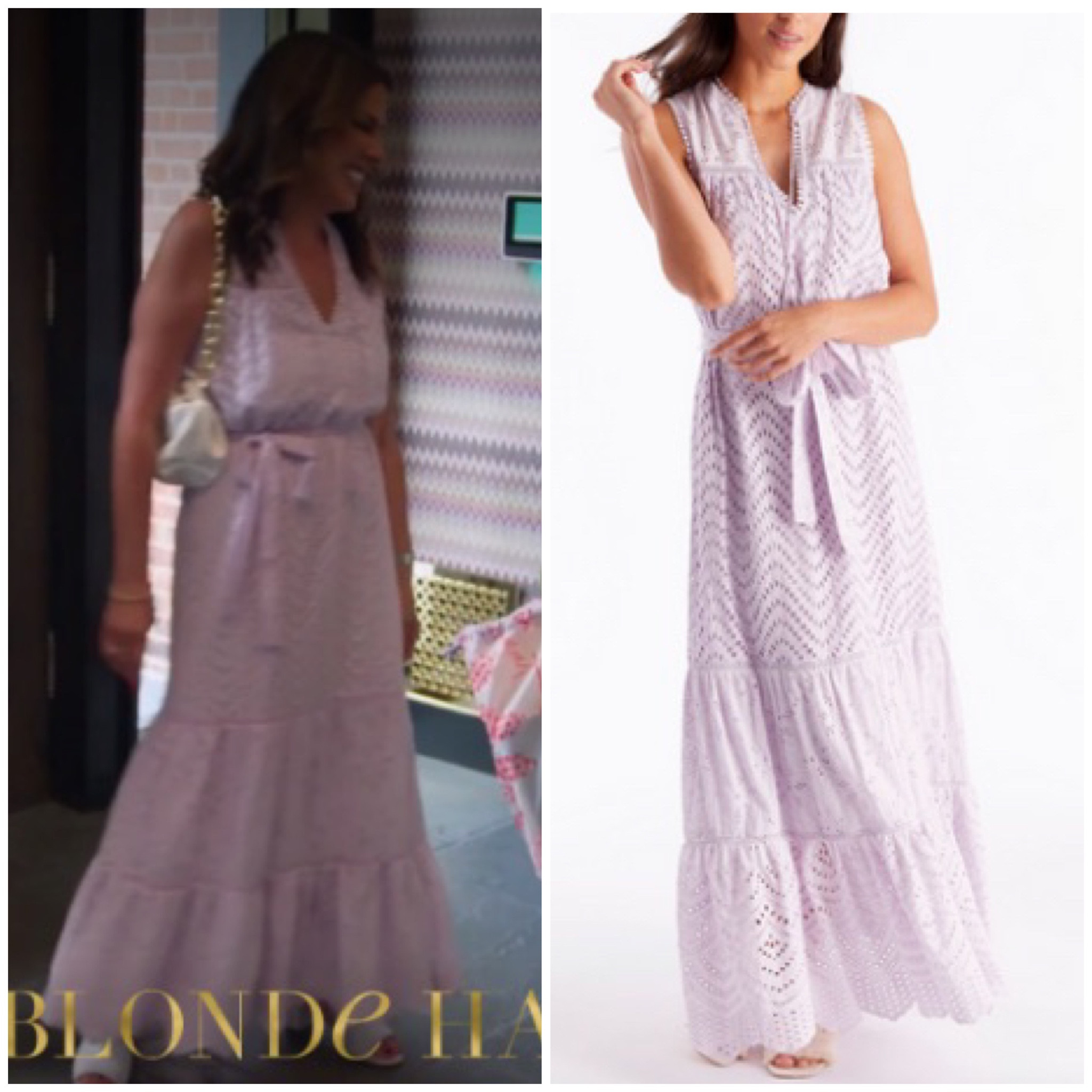 Shop Jenn Fessler’s Light Purple Eyelet Maxi Dress in Ivory