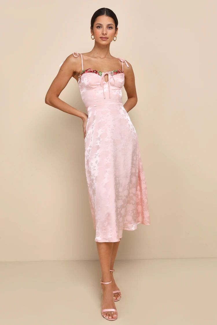 Ethereal Muse Light Pink Satin Jacquard Embroidered Midi Dress | Lulus