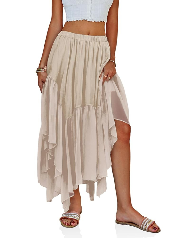 Fisoew Womens Summer Boho Maxi Skirt Casual Asymmetric High-Low Hem Flowy Bohemia Long Skirt | Amazon (US)