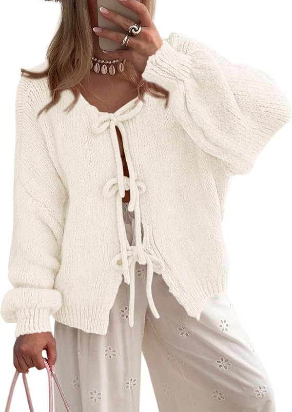 PRETTYGARDEN Women's Tie Front Bow Cardigan Sweaters Chunky Knit Long Puff Sleeve Trendy Fall Win... | Amazon (CA)