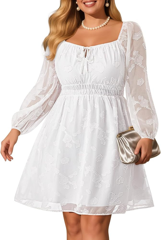 Pinup Fashion Plus Size Wedding Guest Dress 2025 - Graduation Spring Long Sleeve Floral Lace Shor... | Amazon (US)