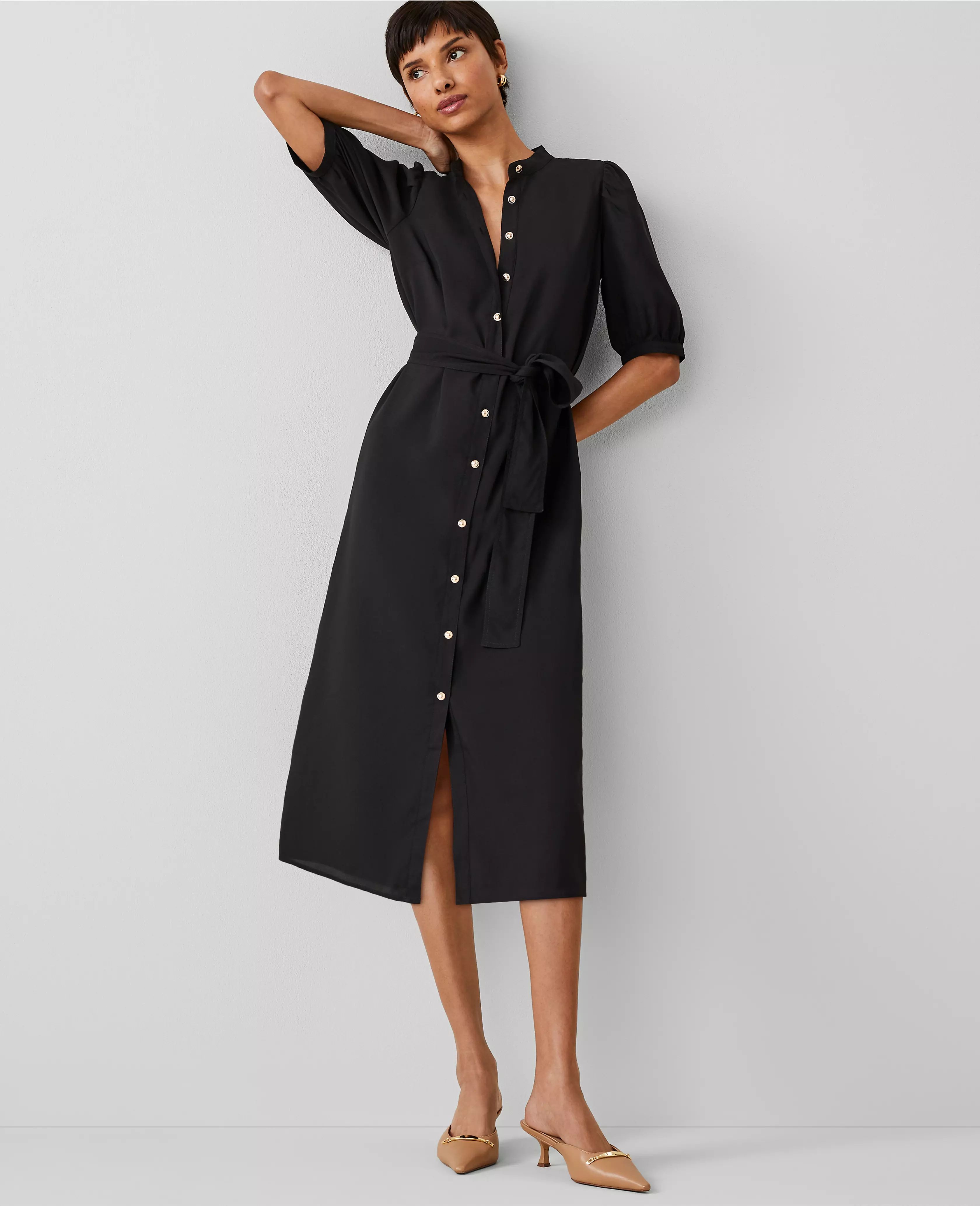 Stand Collar Belted Midi Shirtdress | Ann Taylor (US)