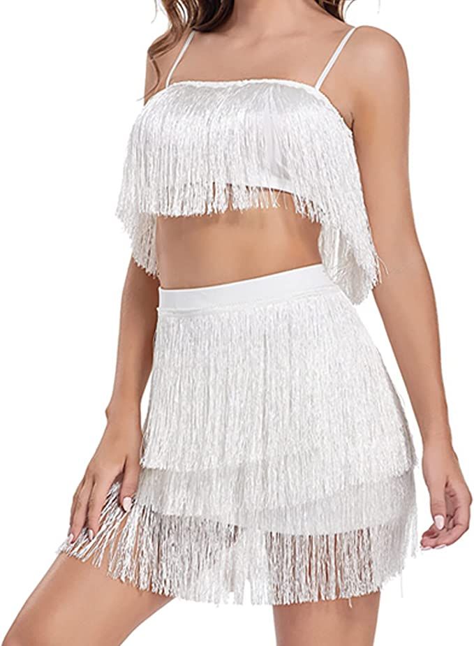 Fenyong 2 Piece Women Sexy Tassels Bodycon Crop Top Mini Dress Outfits Clubwear Skirt Set | Amazon (US)