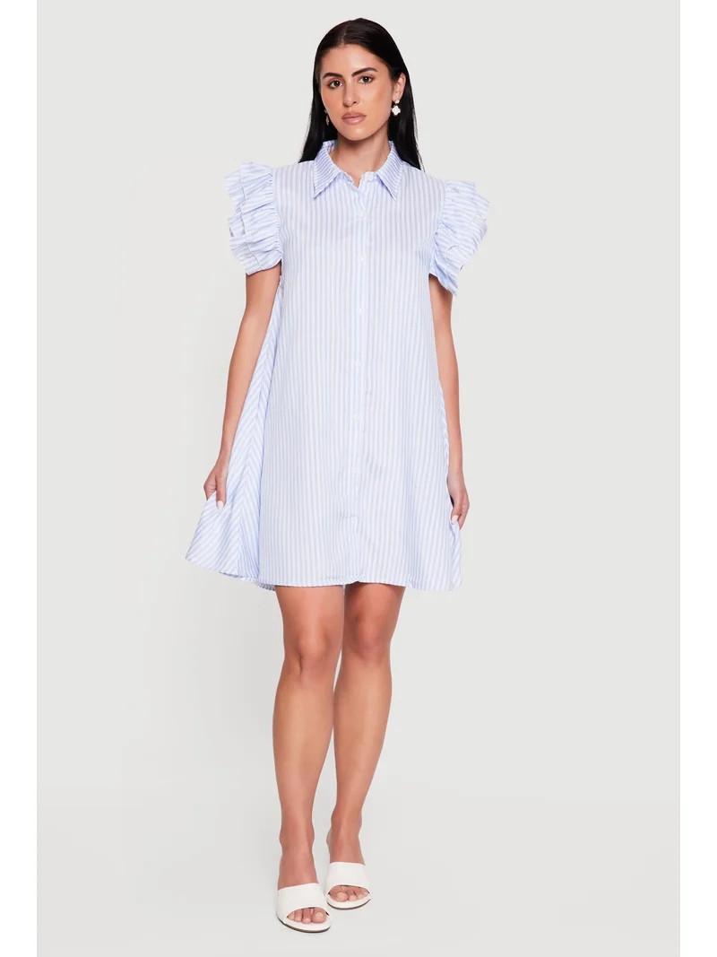Women's Pinstripe Tiered Ruffle Sleeve Shirt Dress | Walmart (US)