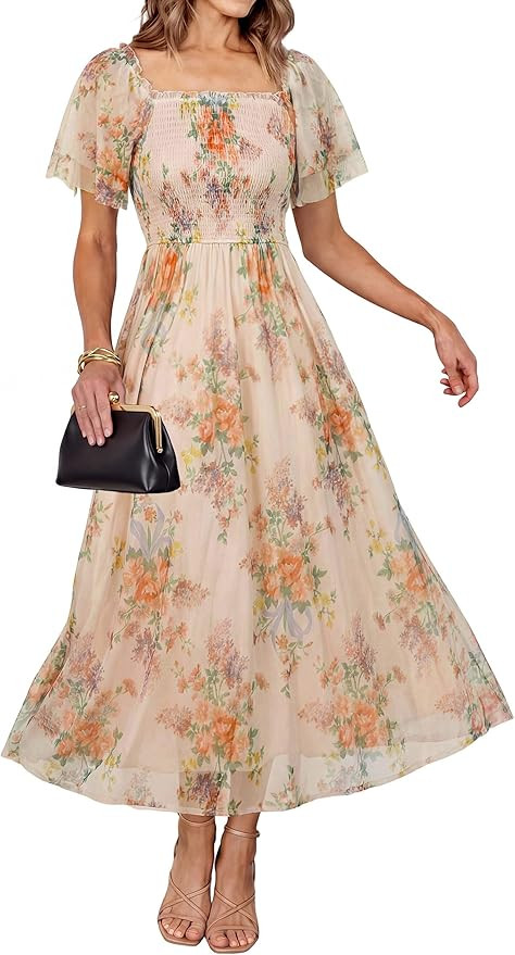 Simplee Womens Floral Maxi Dresses 2026 Spring Square Neck Mesh Short Sleeve Smocked Boho Flowy W... | Amazon (US)