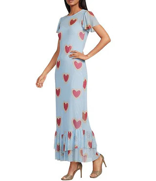 Katie Heart Print Crew Neckline Short Sleeve Mesh Ruffle Tier Maxi Dress | Dillard's