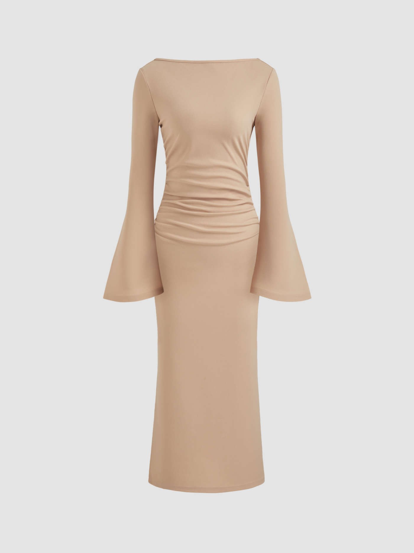 Knit Fabric Boat Neck Ruched Bell Sleeve Maxi Dress For Work | Cider