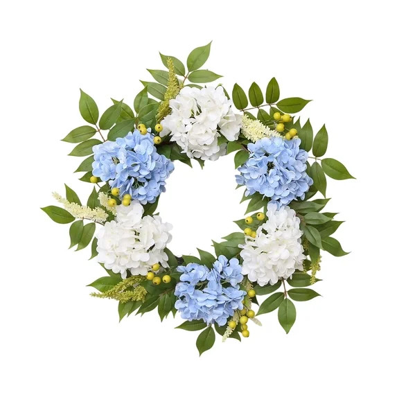 22in Artificial Hydrangea Wreath, Faux Flower Wreath Door Wall Decor, Blue White Hydrangea Spring... | Walmart (US)