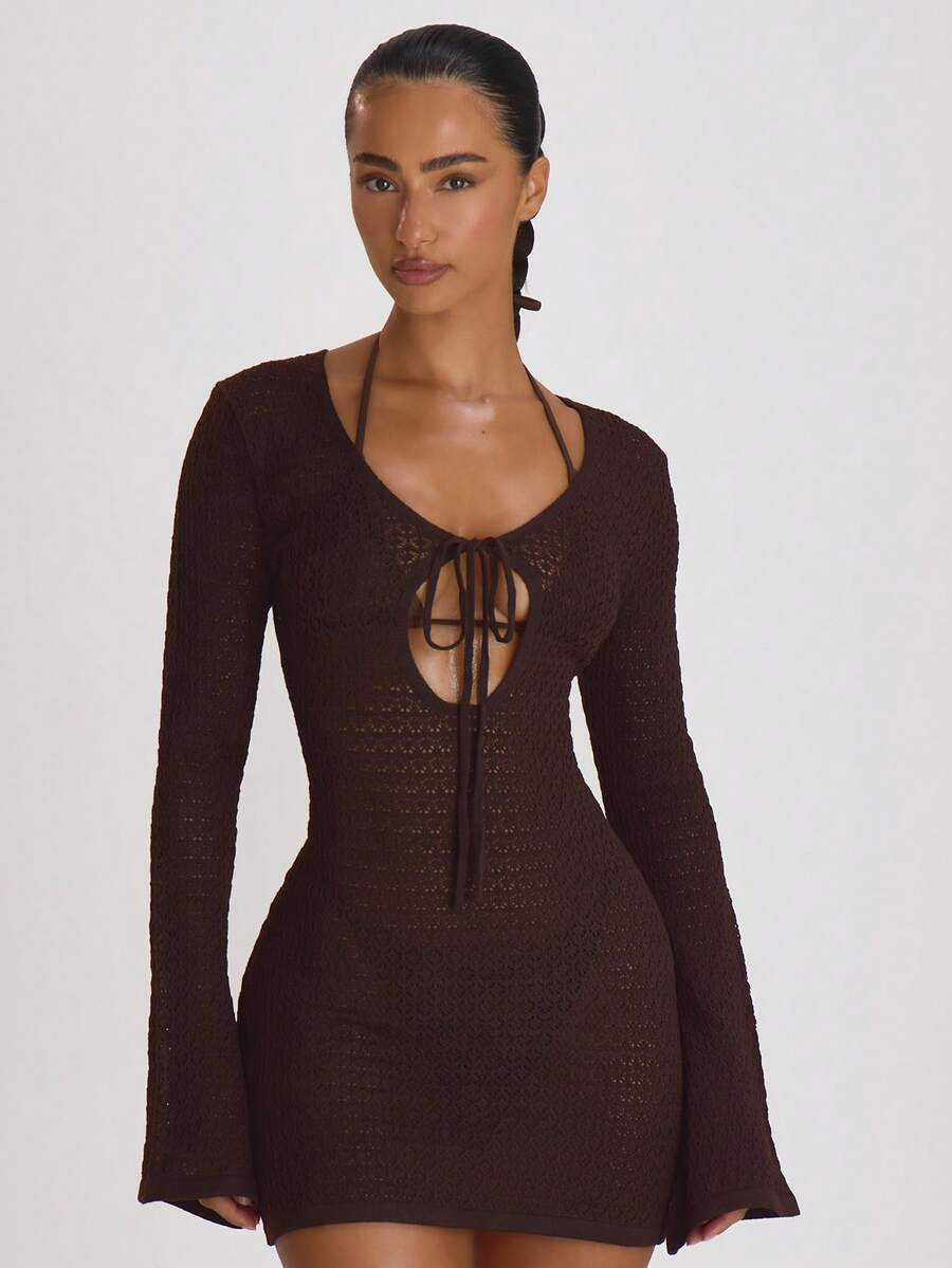 Musera Resort Crochet Knit Tie Front Loose Fit Cover Up Mini Dress Swim Vacation Holiday Summer T... | SHEIN