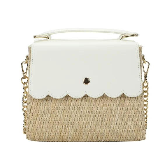 Packed Party Women's Woven Straw Crossbody Bag with Faux Leather Scallop and Chain Strap, White | Walmart (US)