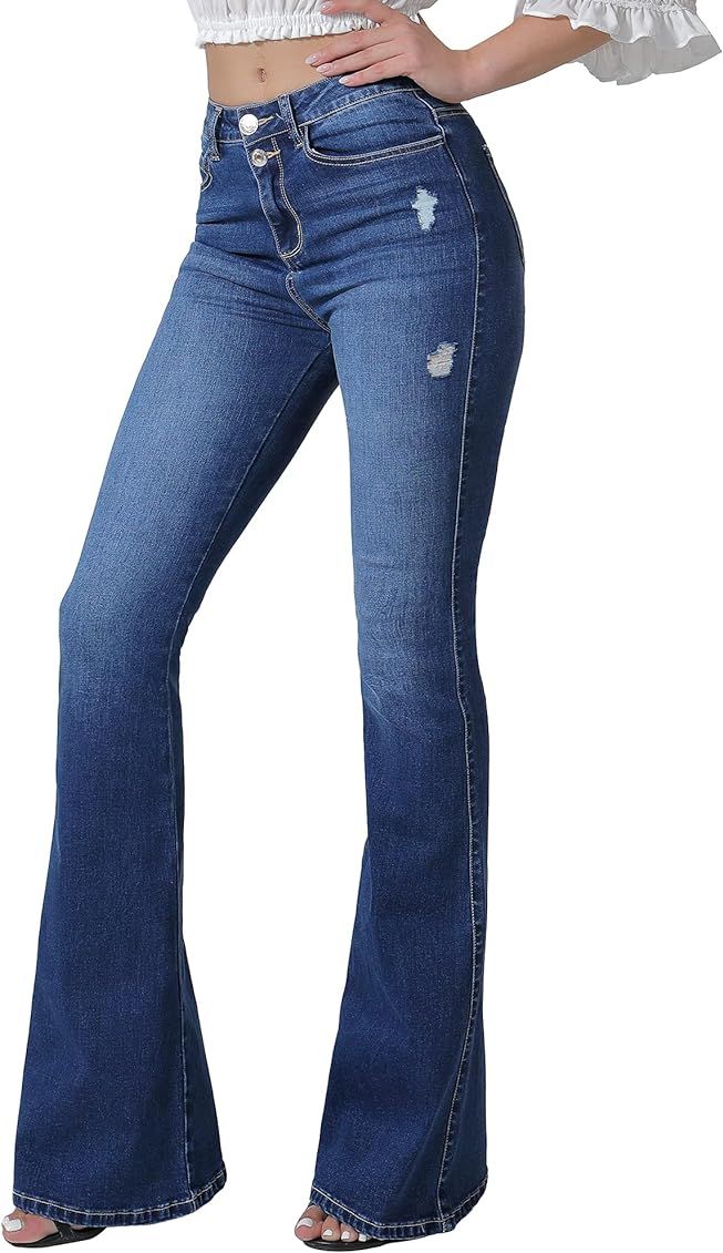 VIPONES Flare Jeans for Women Ripped High Waist Stretch Destoryed Slimming Solid Blue Wide Leg Pants | Amazon (US)