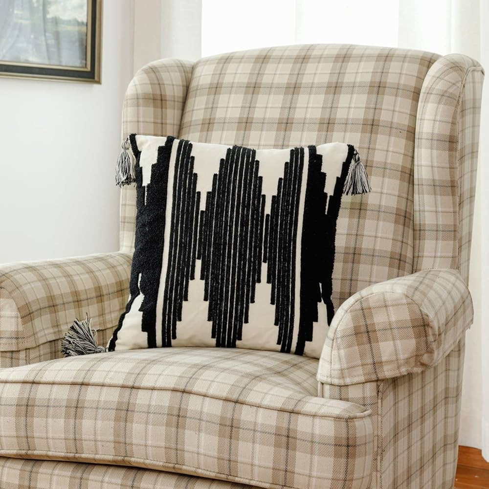 Boho Cream and Black Decorative Wave Triangle Geometric Tufted Throw Pillow Cover with Tassel 20x... | Amazon (US)