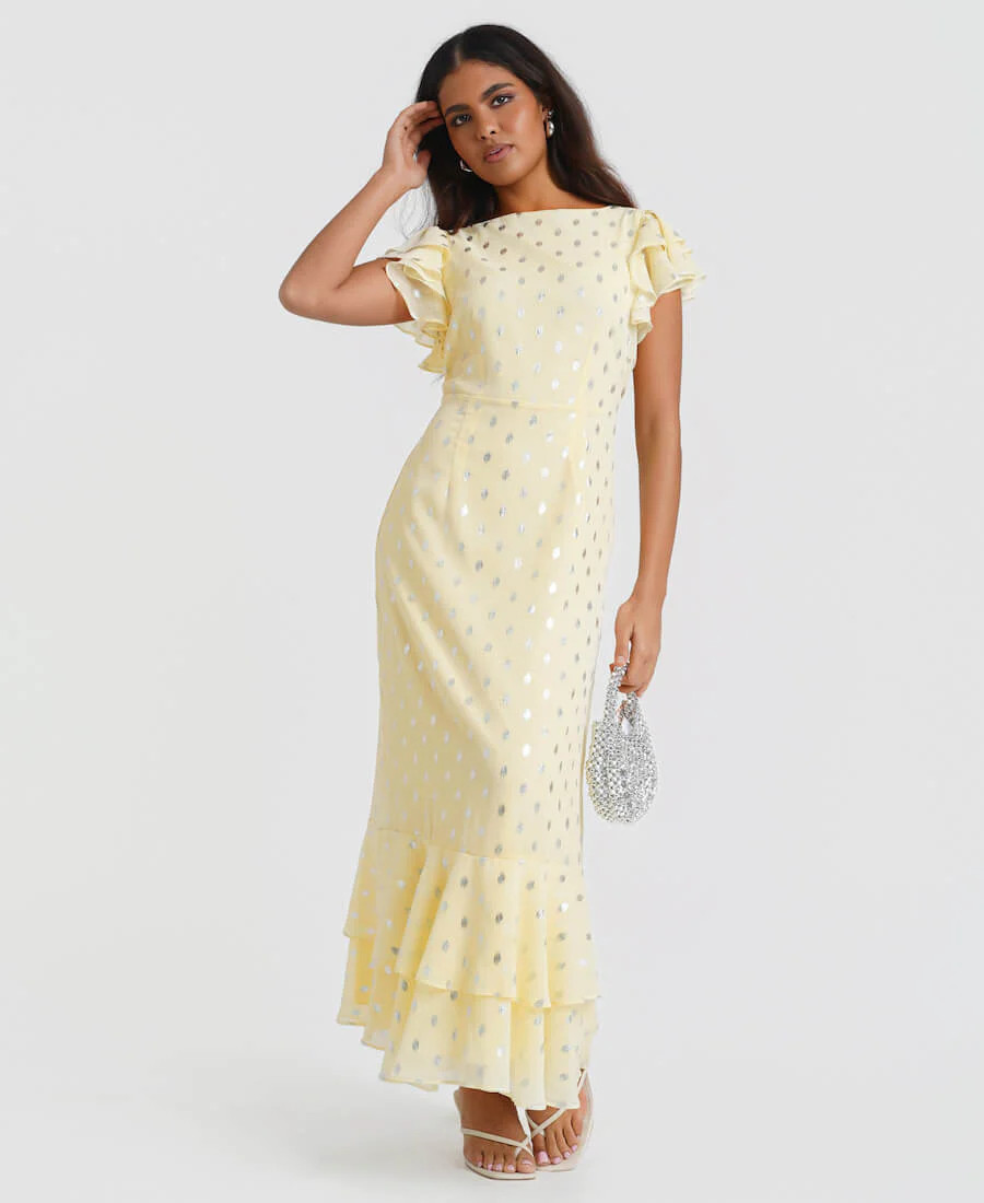 Lemon Flutter Sleeve Foil Midaxi Dress | Needs No Label
