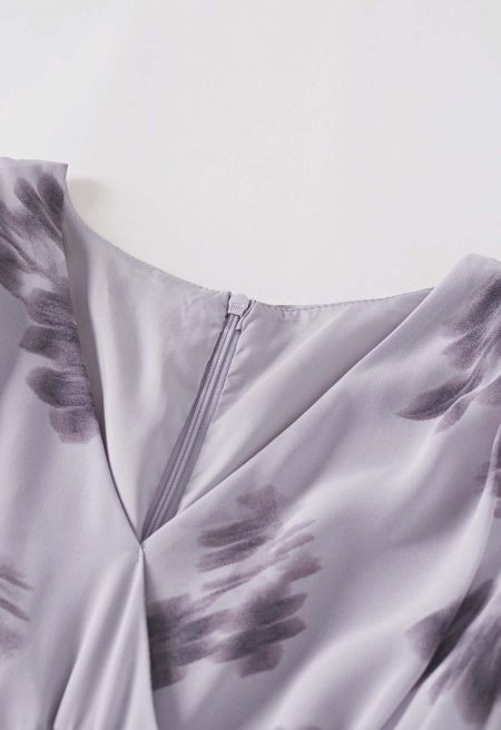 Inky Floral Printed Scarf-Tie Neck Chiffon Dress in Lavender for Garden Parties & Wedding Guests | Chicwish