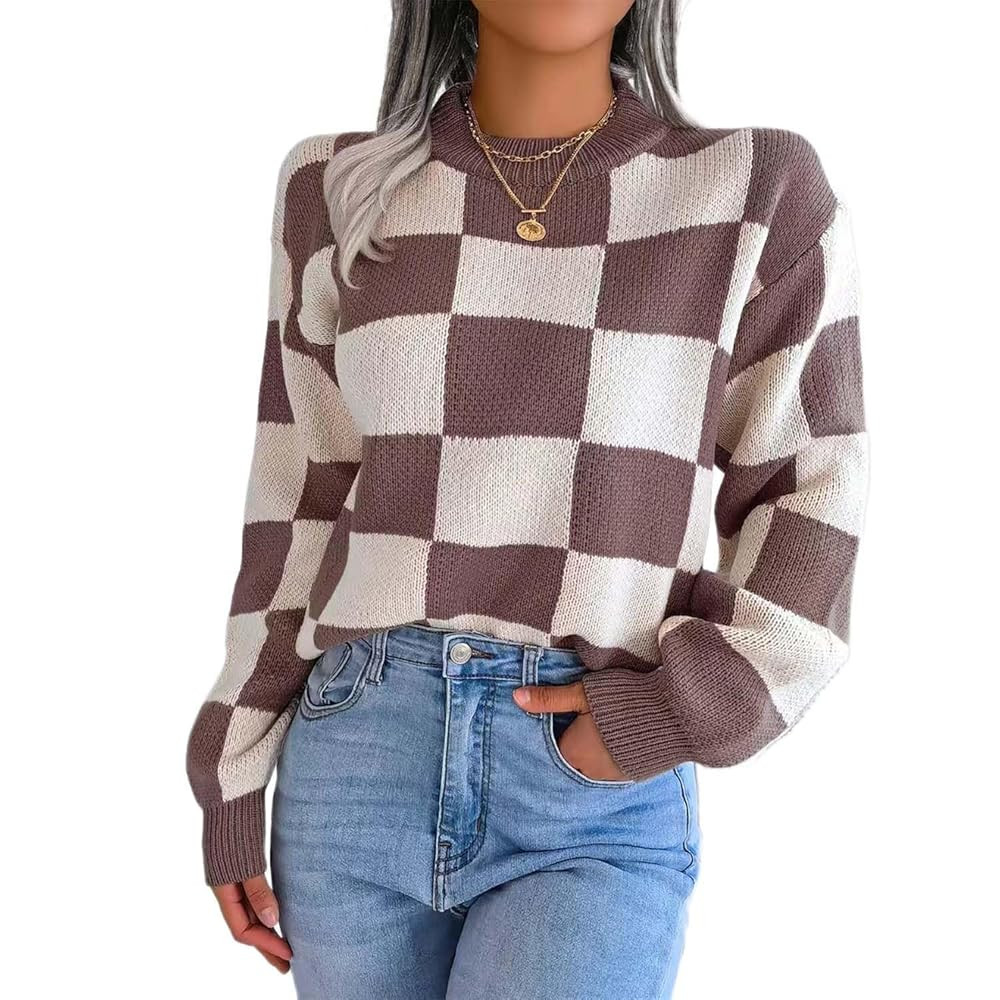 Women's Color Block Checkered Crew Neck Long Sleeve Y2K Plaid Knitted Pullover Sweater Tops Vinta... | Amazon (US)