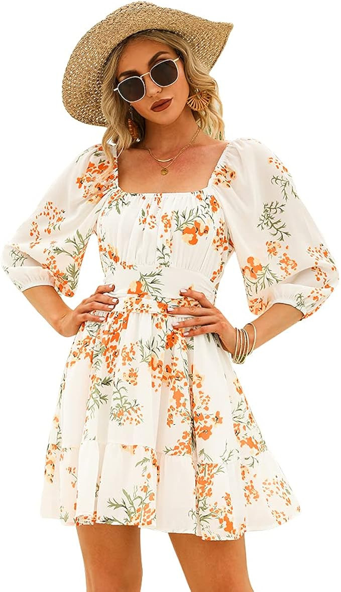 EXLURA Womens Lantern Sleeve Tie Back Dress Ruffled Off Shoulder A-Line Vintage Mini Dress | Amazon (US)