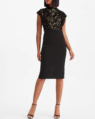 Metallic Velvet Burnout Print Draped Mock Neck Midi Sheath Dress | Express