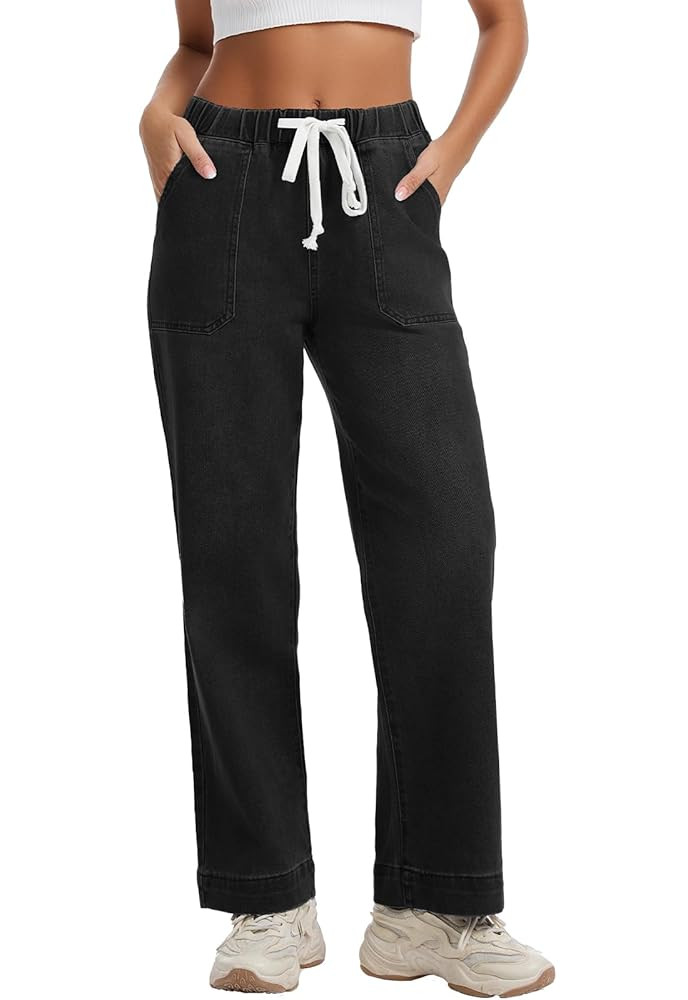 Pull-on Jeans for Women Straight Leg Elastic Waist Jeans Stretchy Loose High Waisted Denim Pants ... | Amazon (US)