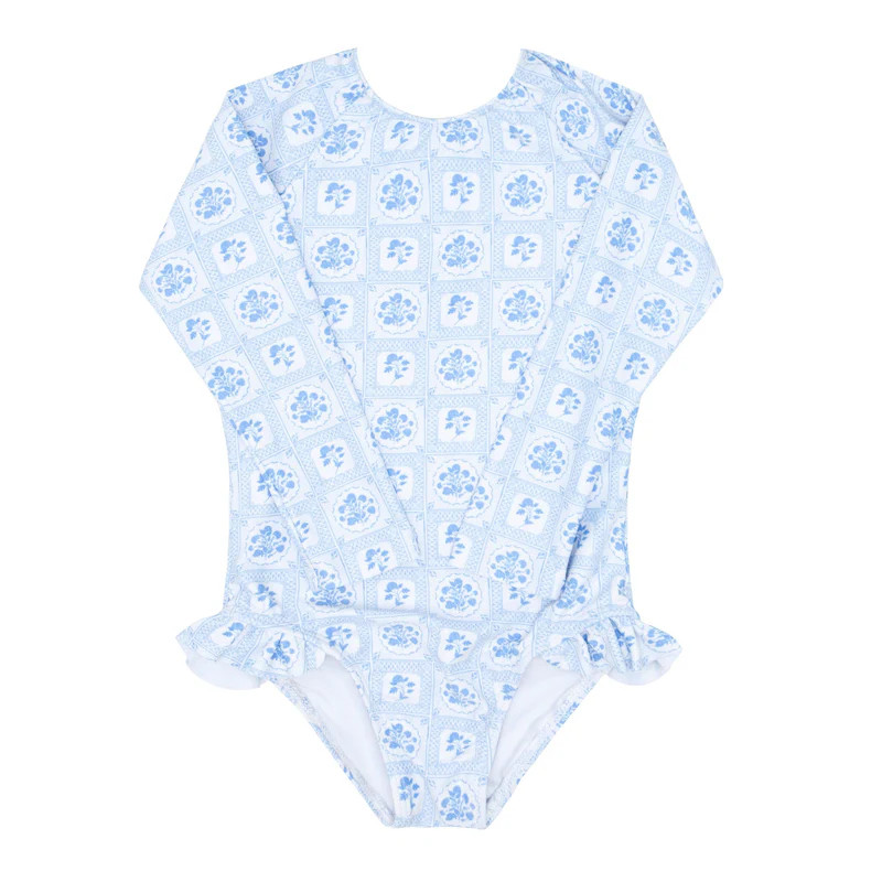 girls mosaic blue floral rashguard one piece | minnow