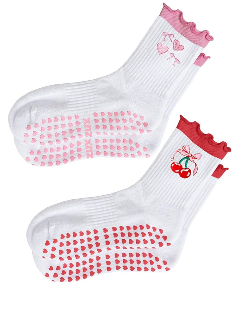 Women Cute Pilates Socks Grip Crew Yoga Socks Ruffle Cuff Embroidery Pattern Workout Ballet Socks | Amazon (US)