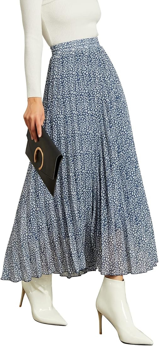 EXLURA Women's Floral Printed Chiffon Elastic High Waist Pleated Long Maxi Skirt | Amazon (US)