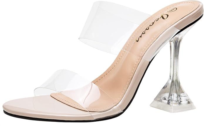 Jeossy Women's Heeled Sandals | Clear Square Toe Chunky Slip On Low Heels Backless Dress Pumps Sh... | Amazon (US)