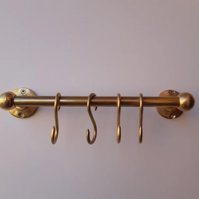 Unlacquered Brass Pot Rail With "s' Hooks,solid Brass Hanging Pot and Pan,brass Wall Mounted Pot ... | Etsy (US)
