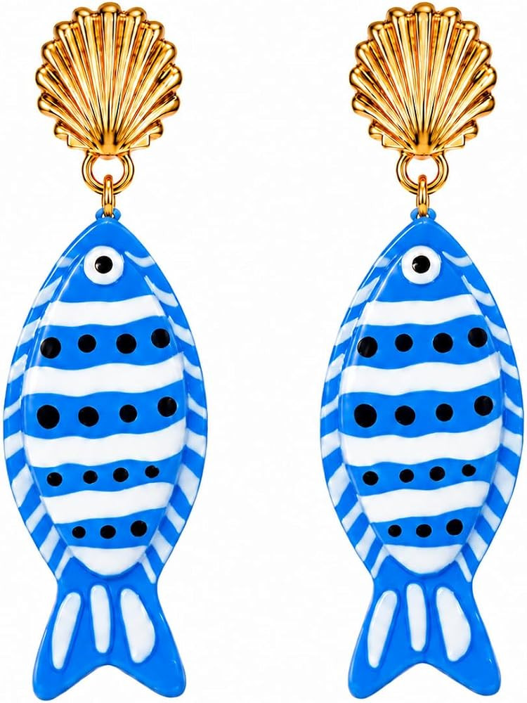 Fish Earrings for Women Summer Ocean Gold Shell Fish Drop Earrings Gold Tone Shell Fishes Charms ... | Amazon (US)