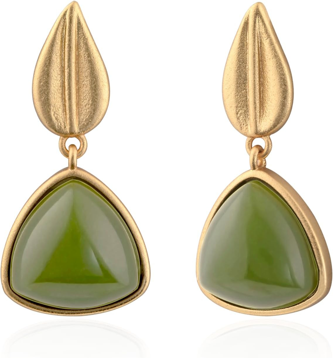 Gold Plated Natural Green Jade Earrings Elegant Triangle Birthstone Earrings with Gold Leaf Stud Earrings for Women Trendy Hypoallergenic Jade Jewelry for Gift | Amazon (US)