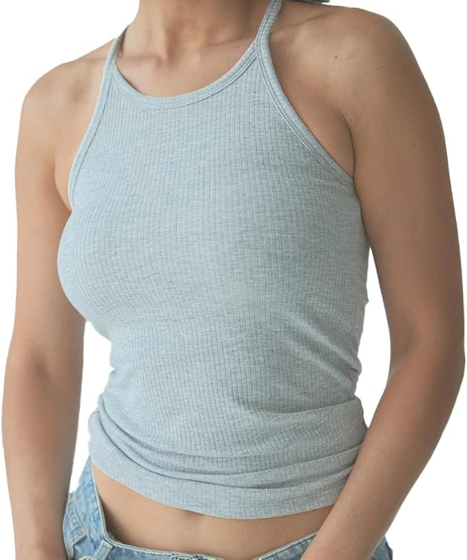 Klassy Network Ribbed High Neck Brami Tank-Top for Women - Built-in Bra Racerback Full Length Tan... | Amazon (US)