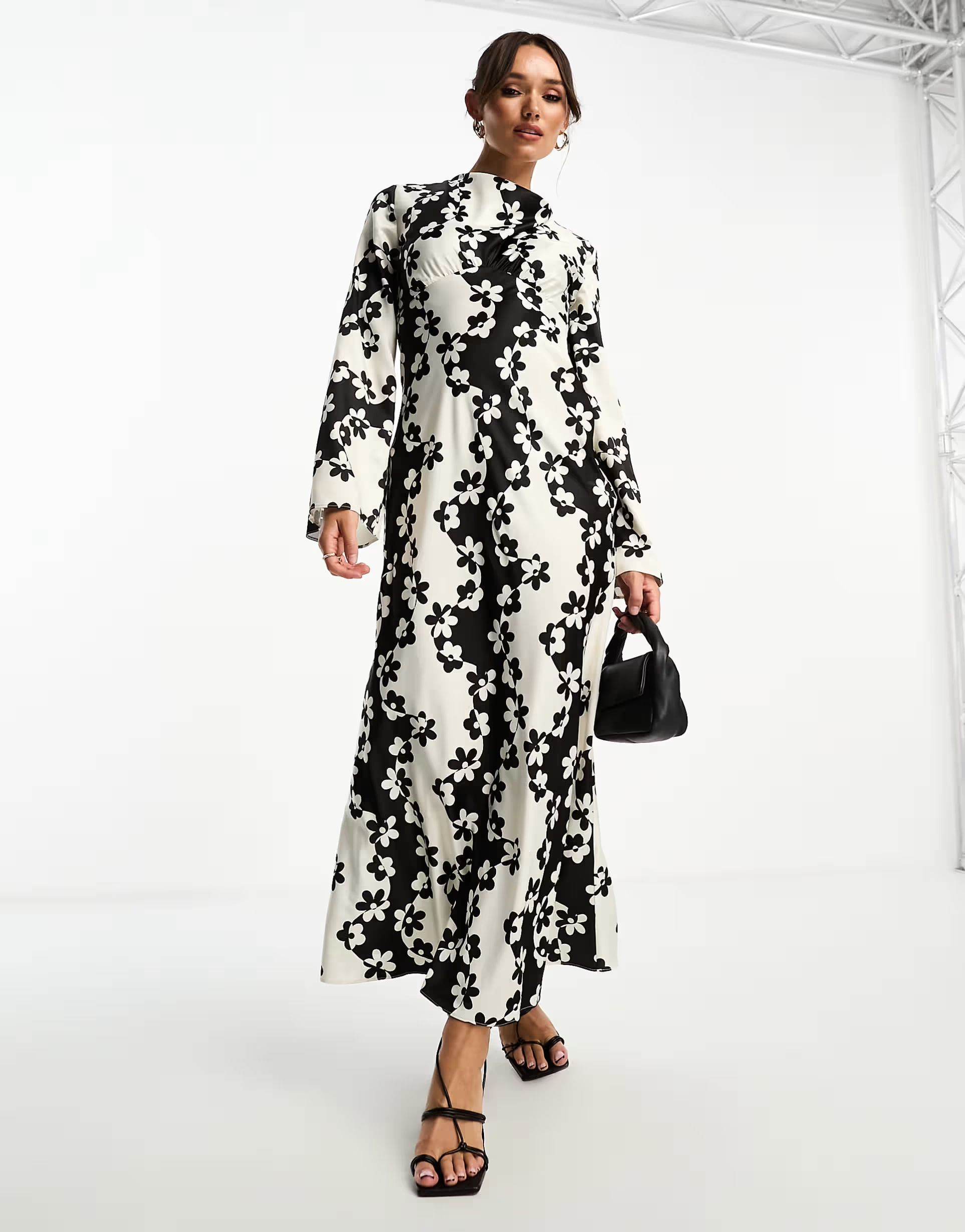 ASOS DESIGN cowl neck print satin maxi dress in mono floral print | ASOS (Global)