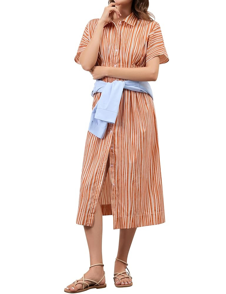 Women Button Front Pleated Shirt Maxi Dress Summer Striped Prints Short Sleeve Collar Casual Long... | Amazon (US)
