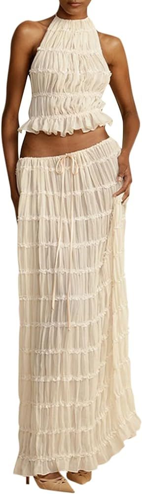 Womens 2 Piece Maxi Skirt Set, Lace Up Sleeveless Tank Top and Flowy Long Skirt 2024 Summer Beach... | Amazon (US)