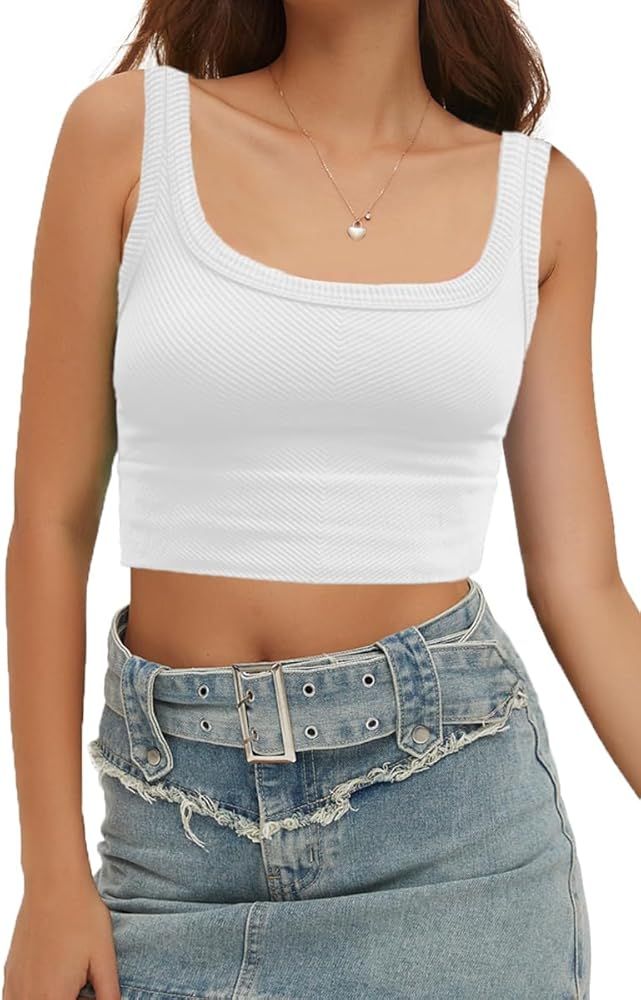 CHYRII Womens Summer Square Neck Going Out Tops Ribbed Basic Tank Crop Workout Tops | Amazon (US)