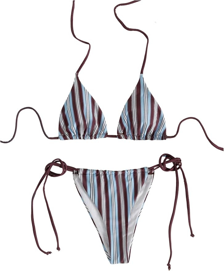 Milumia Women's 2 Piece Swimsuit Striped Halter Triangle Bikini Set Side Tie Bathing Suits | Amazon (US)