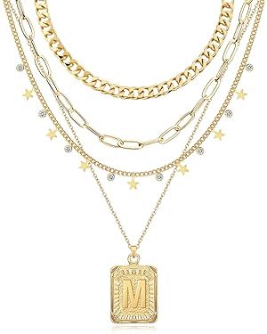 MJartoria Layered Initial Necklaces for Women Trendy, 14K Gold Plated Simple Star Choker Square L... | Amazon (US)