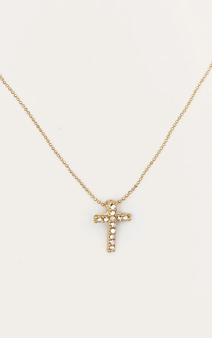 Gold Simple Dainty Diamante Cross Necklace | PrettyLittleThing UK