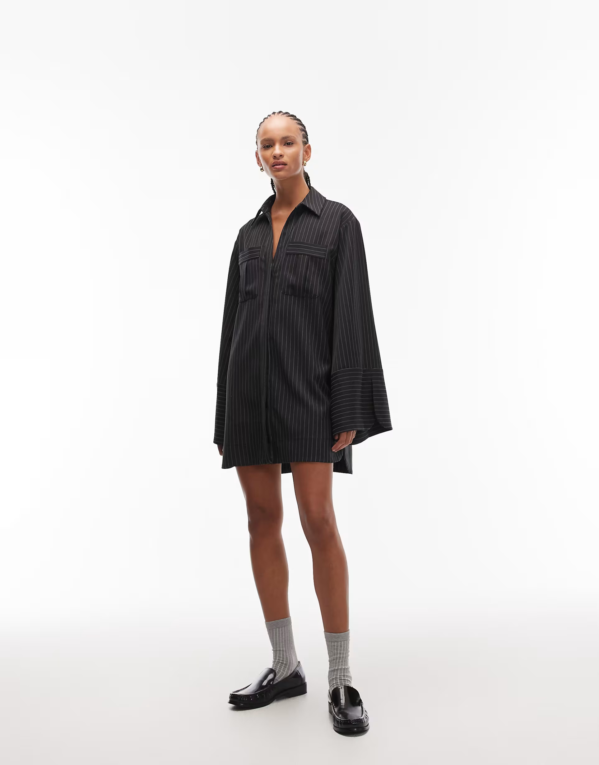 ASOS DESIGN mini shirt dress with wide cuffs and oversized pockets in dark gray stripes | ASOS | ASOS (Global)