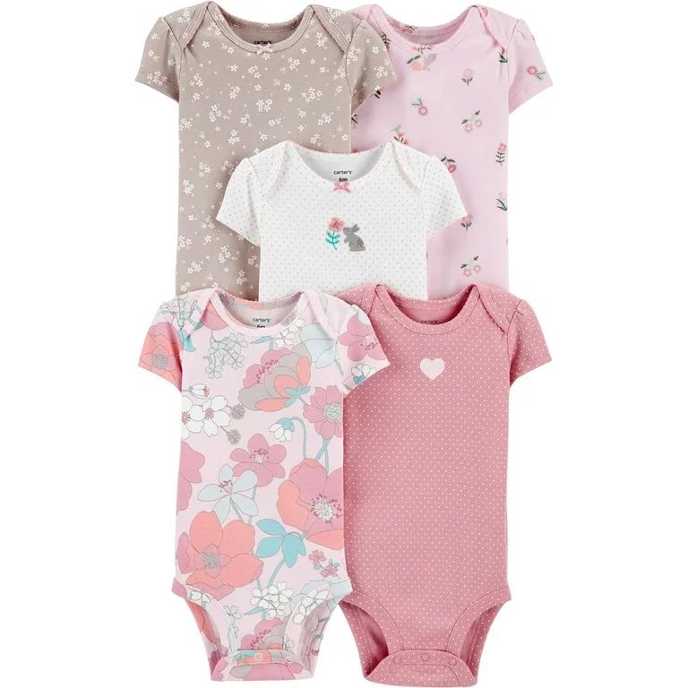 Carter's Baby Girls' 5 Pack Bodysuits, Floral Heart Bunny, Newborn | Walmart (US)