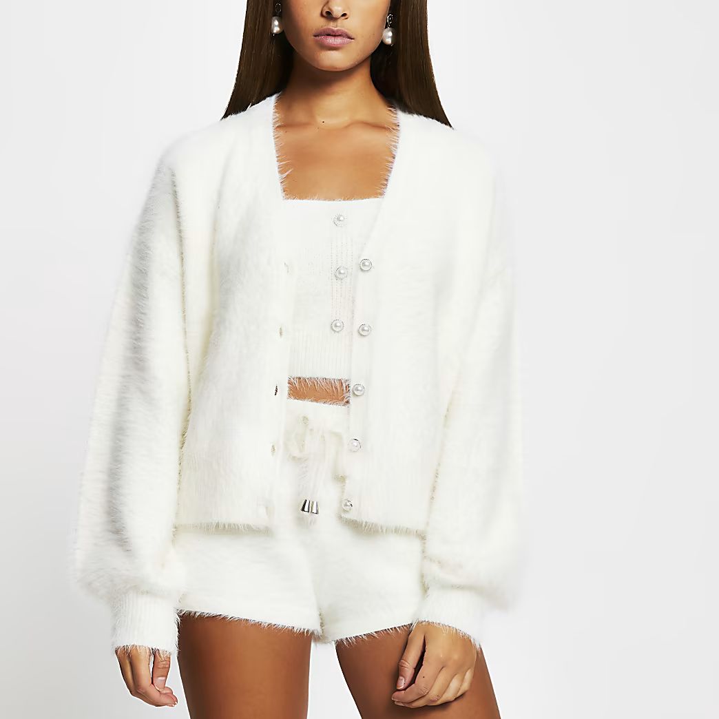 White fluffy button detail cardigan | River Island (UK & IE)