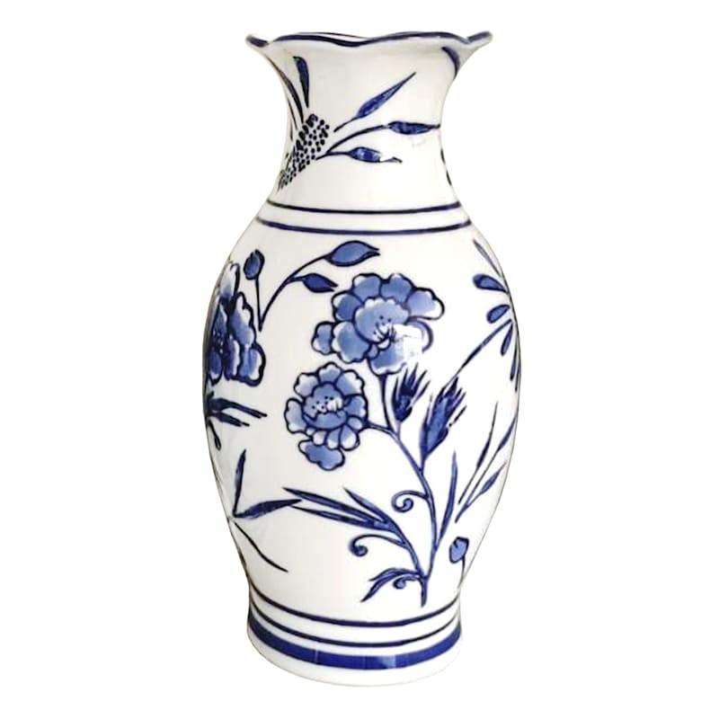 Blue & White Floral Ceramic Vase, 8.5" | At Home