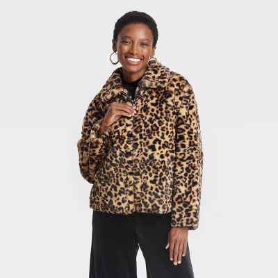 Women's Faux Fur Jacket - A New Day™ Brown Leopard Print | Target